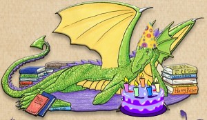 Blogoversary_Bookwyrm-with-cake-and-hat