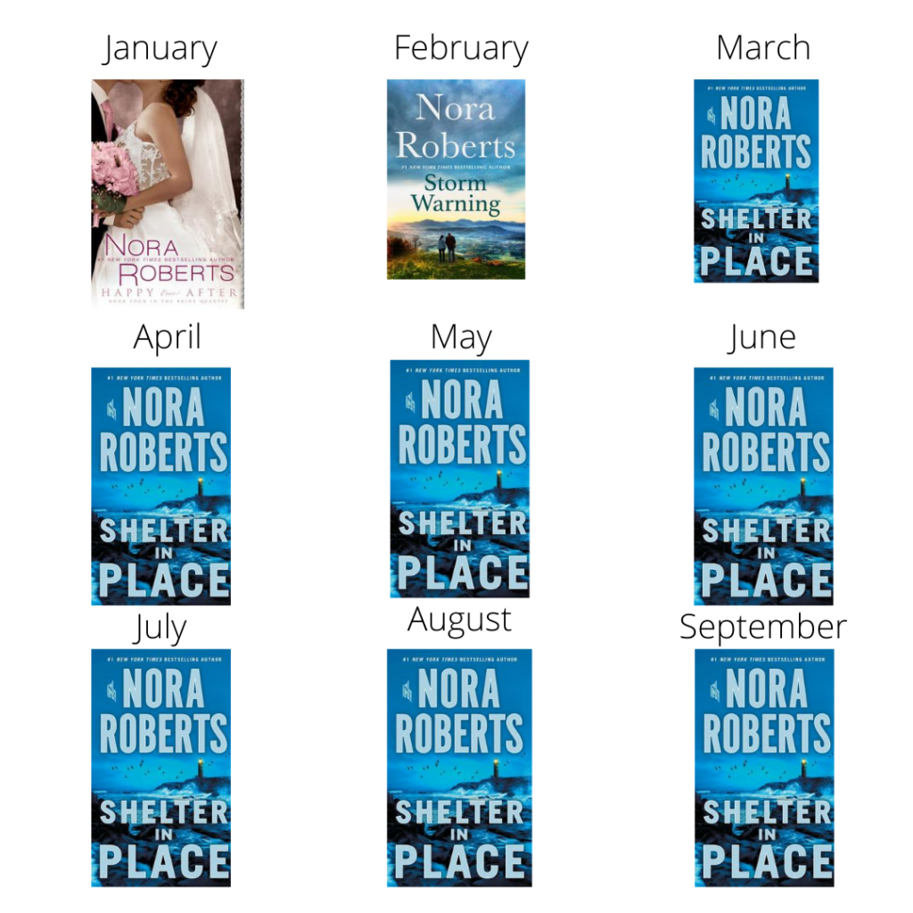 2020 as Nora Roberts Covers. January: Happy Ever After.  February: Storm Warning.  March through September: Shelter in Place.