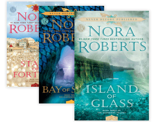 Book covers: Guardians Trilogy (Stars of Fortune, Bay of Sighs, Island of Glass), by Nora Roberts